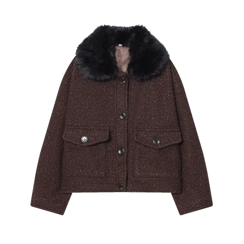 Damen Cropped Bouclé-Jacke mit weichem Kunstfellkragen und Pattentaschen Drune