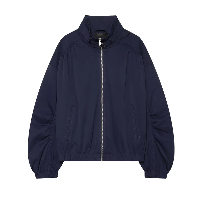 Damen Cropped Bomberjacke mit gerafften Ärmeln und hohem Funnelkragen Drune
