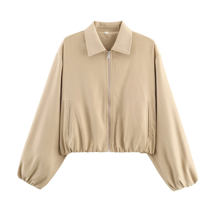 Damen Cropped Bomberjacke mit Ballonärmeln, elastischem Saum und Reverskragen Drune
