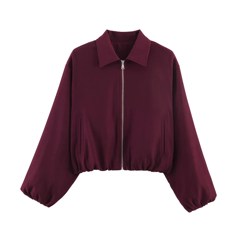Damen Cropped Bomberjacke mit Ballonärmeln, elastischem Saum und Reverskragen Drune