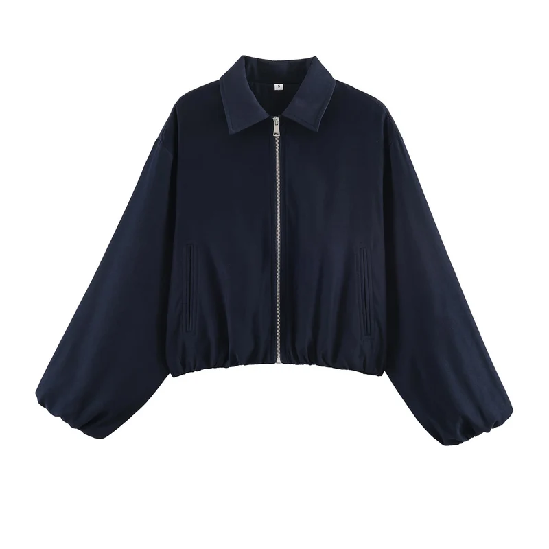 Damen Cropped Bomberjacke mit Ballonärmeln, elastischem Saum und Reverskragen Drune