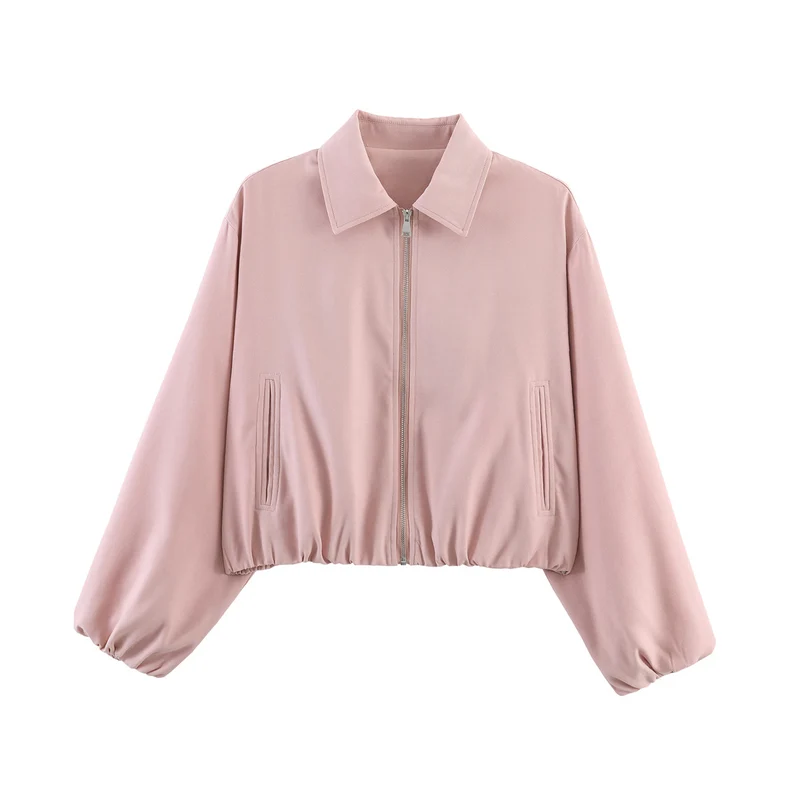 Damen Cropped Bomberjacke mit Ballonärmeln, elastischem Saum und Reverskragen Drune