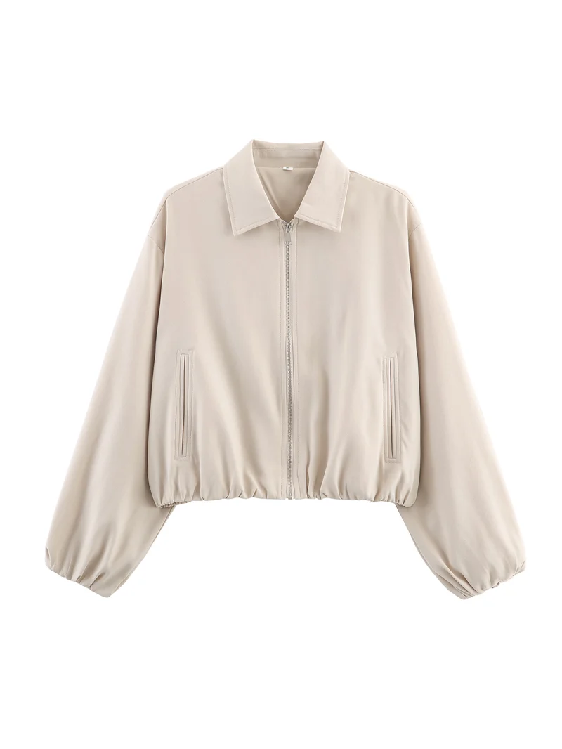 Damen Cropped Bomberjacke mit Ballonärmeln, elastischem Saum und Reverskragen Drune