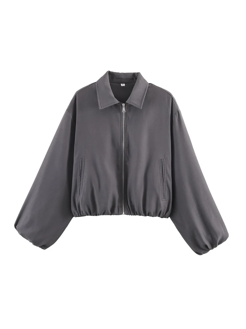 Damen Cropped Bomberjacke mit Ballonärmeln, elastischem Saum und Reverskragen Drune