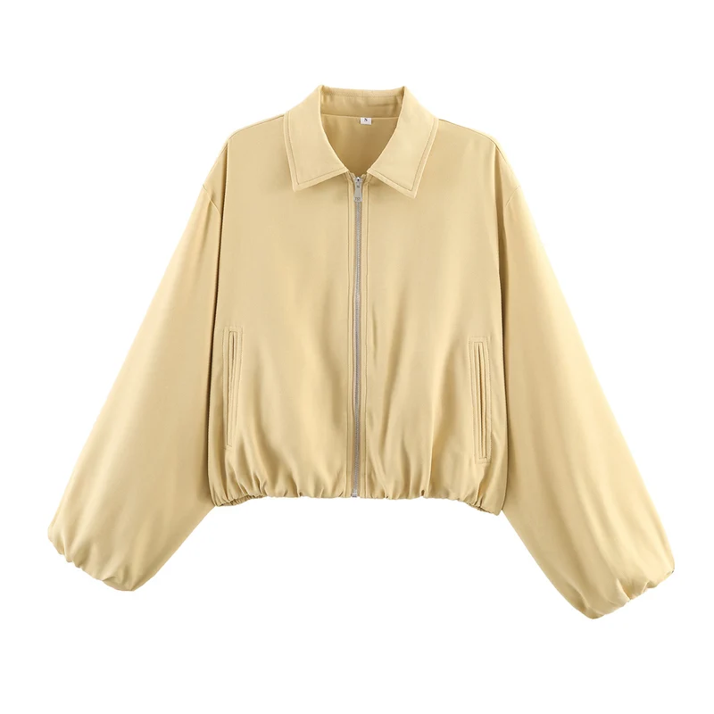 Damen Cropped Bomberjacke mit Ballonärmeln, elastischem Saum und Reverskragen Drune