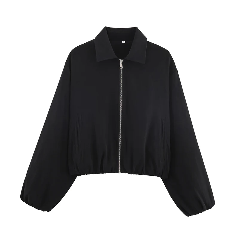 Damen Cropped Bomberjacke mit Ballonärmeln, elastischem Saum und Reverskragen Drune