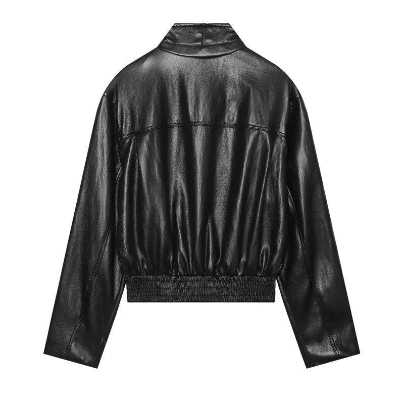 Damen Cropped-Bomberjacke in veganer Lederoptik mit Funnelkragen Drune