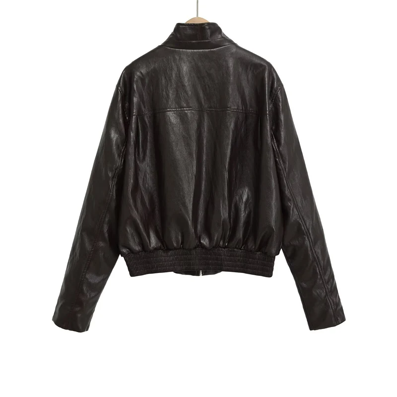 Damen Cropped-Bomberjacke in veganer Lederoptik mit Funnelkragen Drune