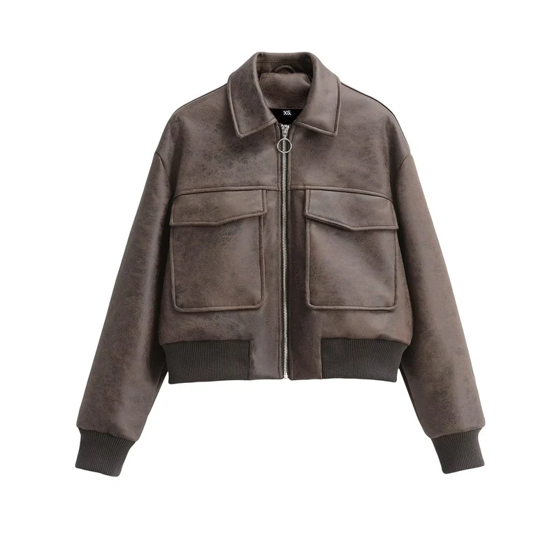 Damen Cropped Bomberjacke im Vintage-Lederlook mit großen Pattentaschen Drune