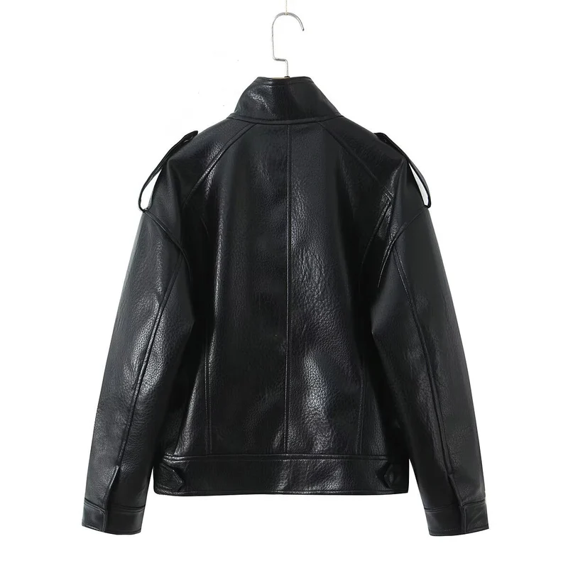 Damen Cropped Bomberjacke aus Kunstleder mit hohem Stehkragen und Schulterklappen Drune