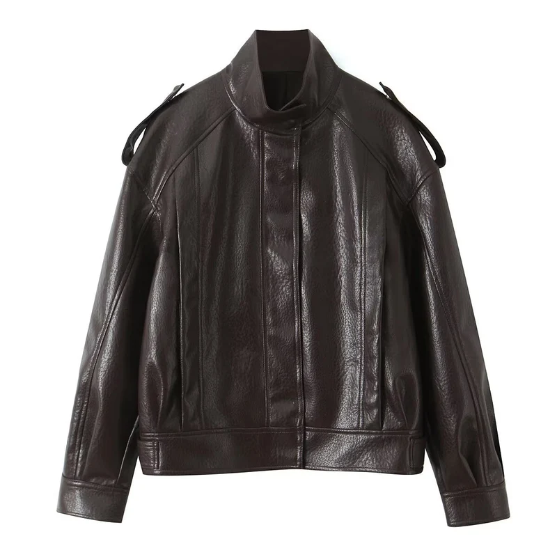 Damen Cropped Bomberjacke aus Kunstleder mit hohem Stehkragen und Schulterklappen Drune