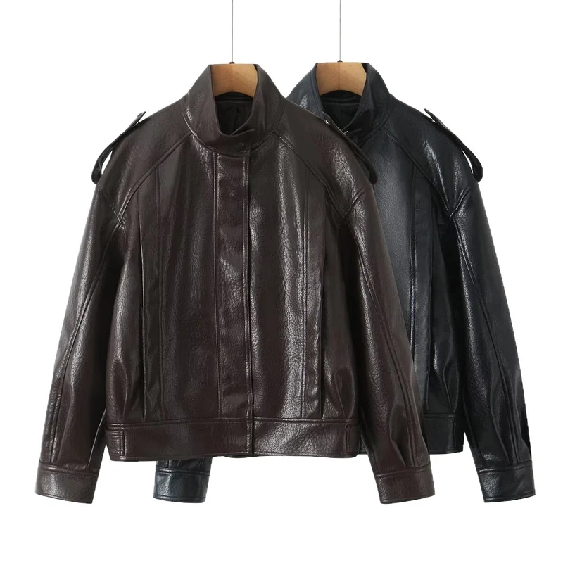 Damen Cropped Bomberjacke aus Kunstleder mit hohem Stehkragen und Schulterklappen Drune