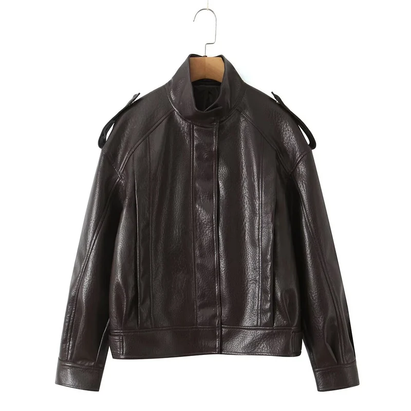 Damen Cropped Bomberjacke aus Kunstleder mit hohem Stehkragen und Schulterklappen Drune