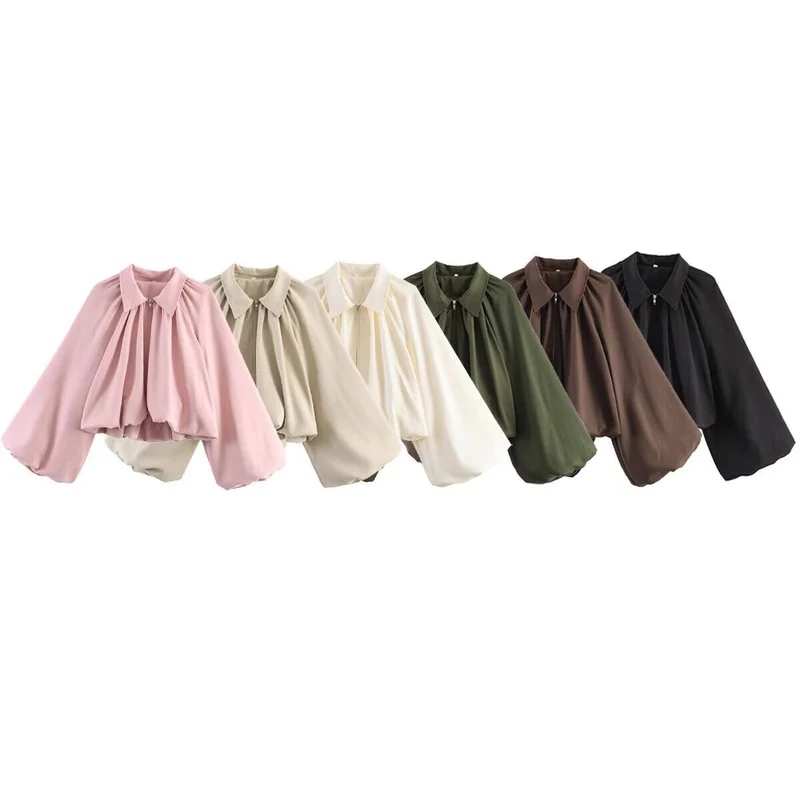 Damen Cropped-Blusenjacke mit Hemdkragen, geraffter Passe und weitem Volumenärmel Drune