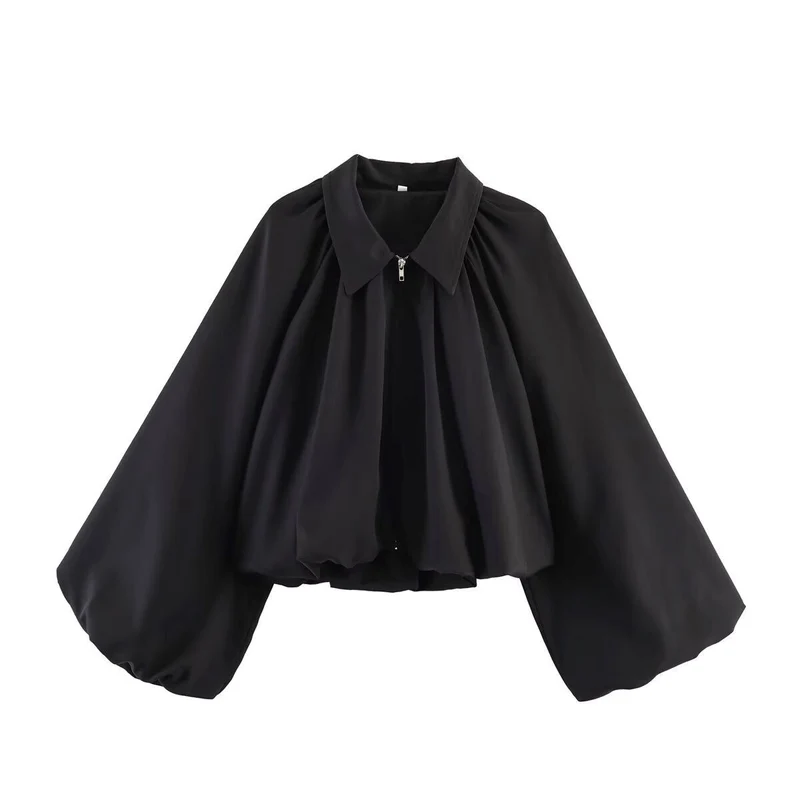 Damen Cropped-Blusenjacke mit Hemdkragen, geraffter Passe und weitem Volumenärmel Drune