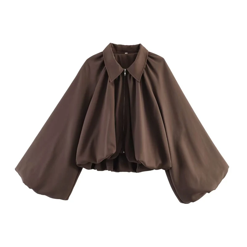 Damen Cropped-Blusenjacke mit Hemdkragen, geraffter Passe und weitem Volumenärmel Drune