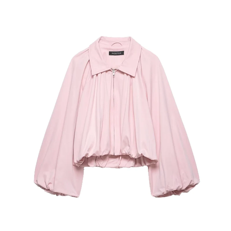 Damen Cropped-Blouson mit Ballonärmeln, Hemdkragen und elastischem Saum Drune