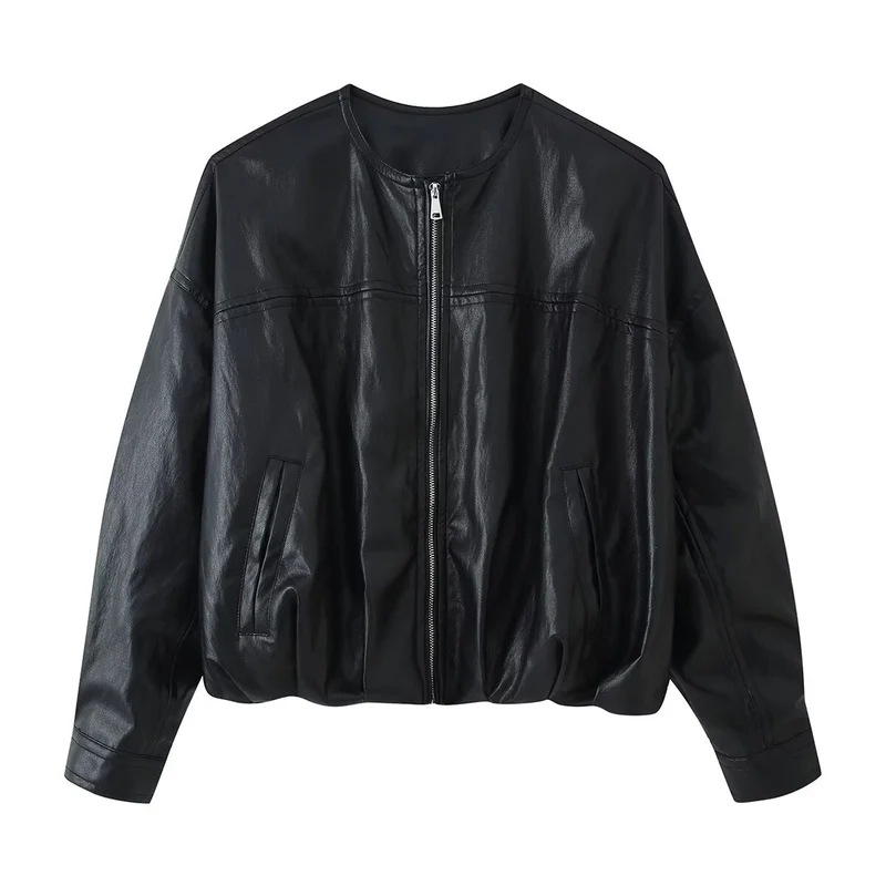Damen Cropped Blouson in Glattlederoptik mit Rundhalsausschnitt und elastischem Saum Drune