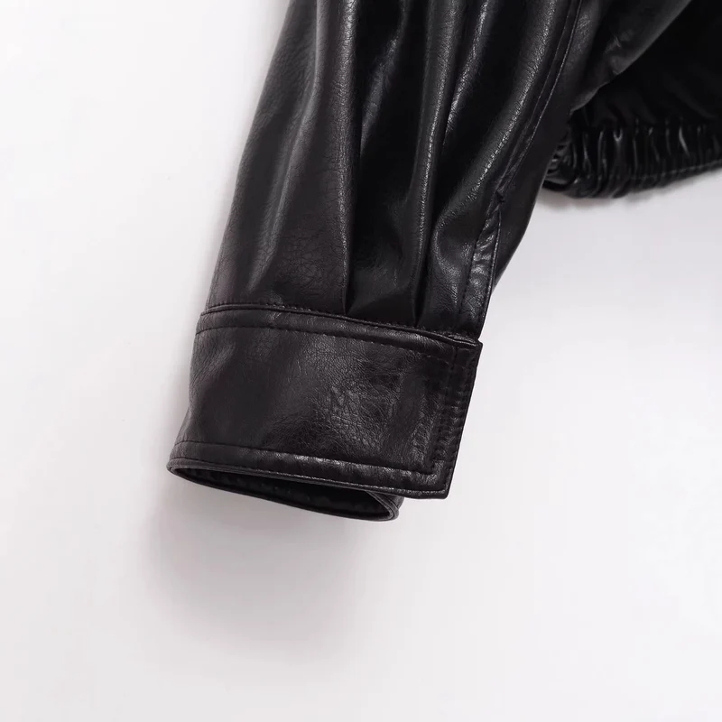 Damen Cropped-Blouson im Bomberstil aus veganer Glattlederoptik mit hohem Stehkragen Drune