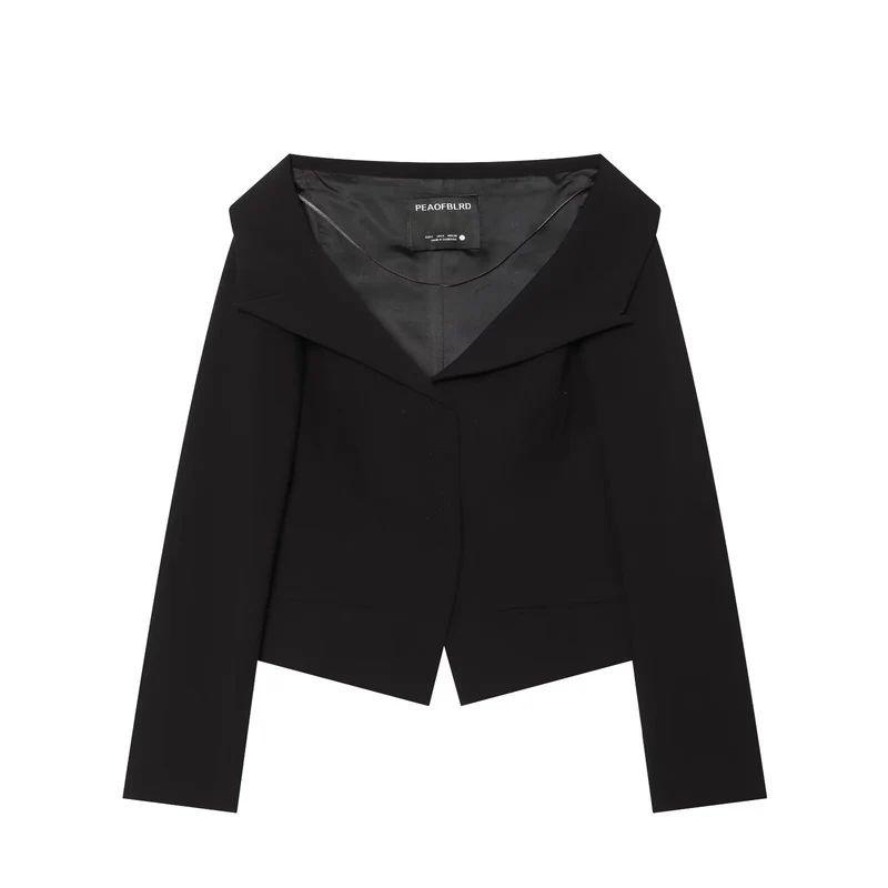 Damen Cropped-Blazer mit weitem Schalkragen und asymmetrischem Saum Drune