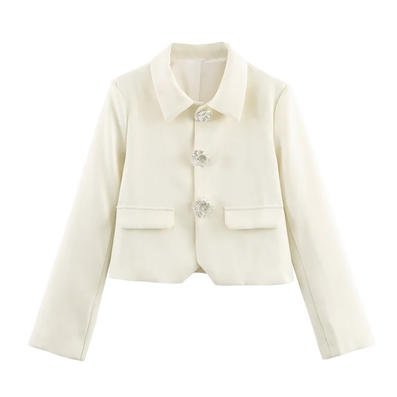 Damen Cropped-Blazer mit floralen Zierknöpfen und Pattentaschen Drune