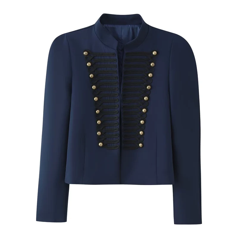 Damen Cropped‑Blazer im Militärstil mit Stehkragen und Zierkordierungen Drune