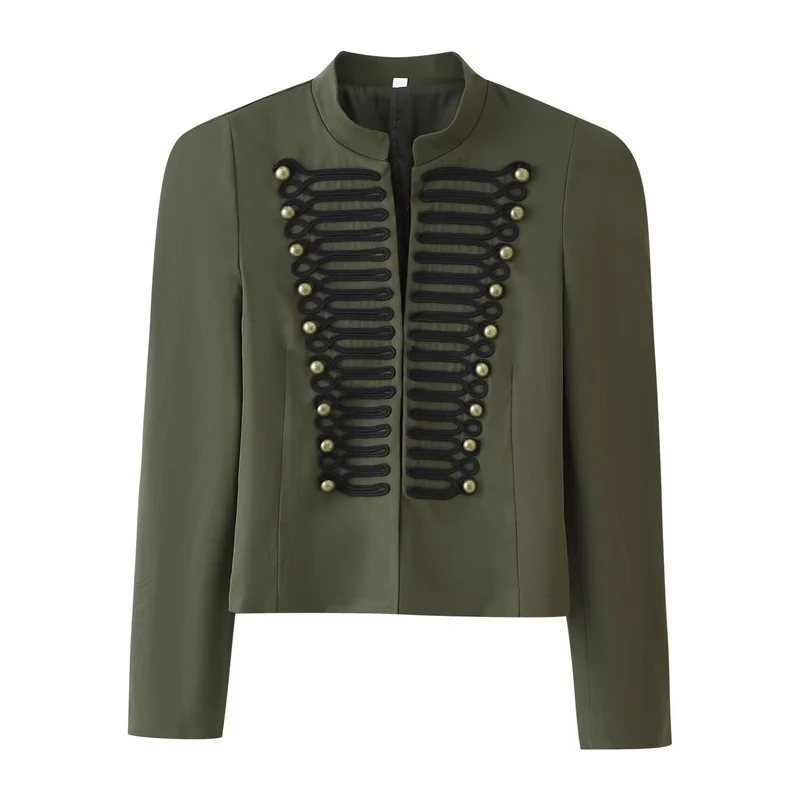 Damen Cropped‑Blazer im Militärstil mit Stehkragen und Zierkordierungen Drune