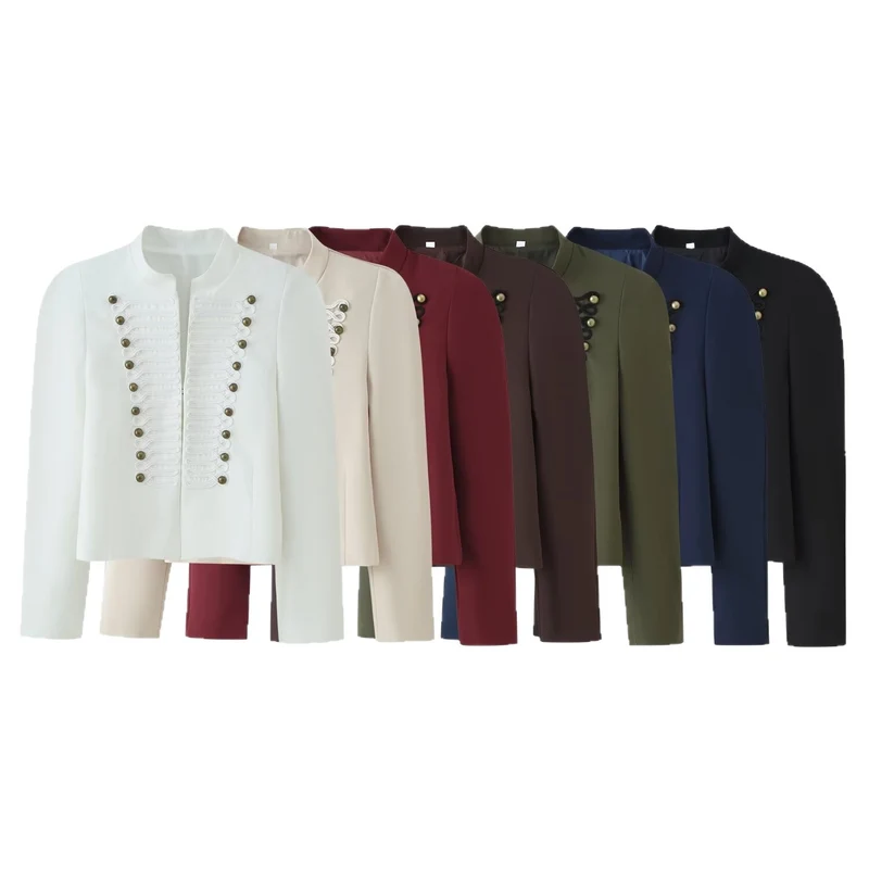 Damen Cropped Blazer im Militärlook mit Zierkordeln und Stehkragen Drune