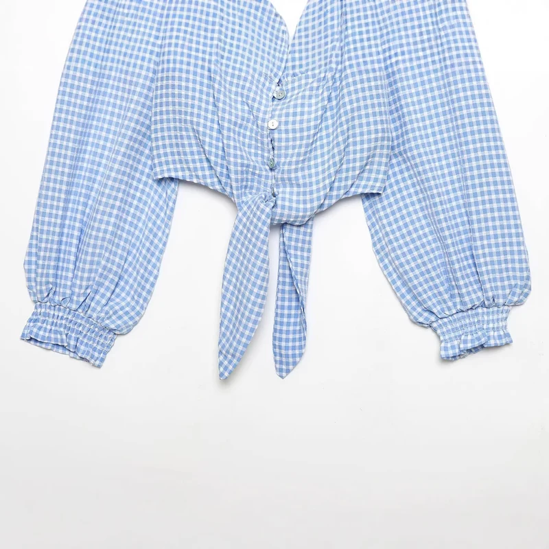 Damen Cropped-Bindeshirt mit Vichy-Karo, Rüschensaum und Ballonärmeln Drune