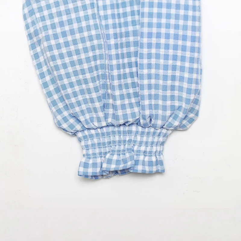 Damen Cropped-Bindeshirt mit Vichy-Karo, Rüschensaum und Ballonärmeln Drune
