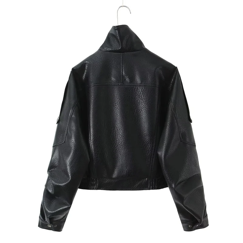 Damen Cropped Bikerblouson aus veganer Lederoptik mit asymmetrischer Frontpatte und Taillenbund Drune