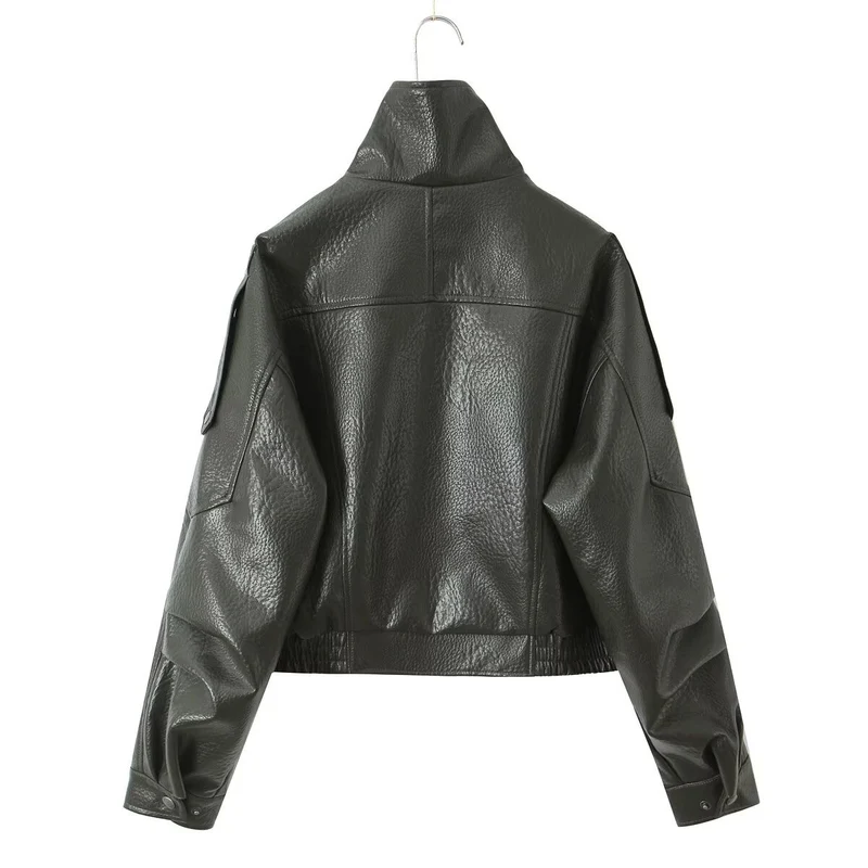 Damen Cropped Bikerblouson aus veganer Lederoptik mit asymmetrischer Frontpatte und Taillenbund Drune