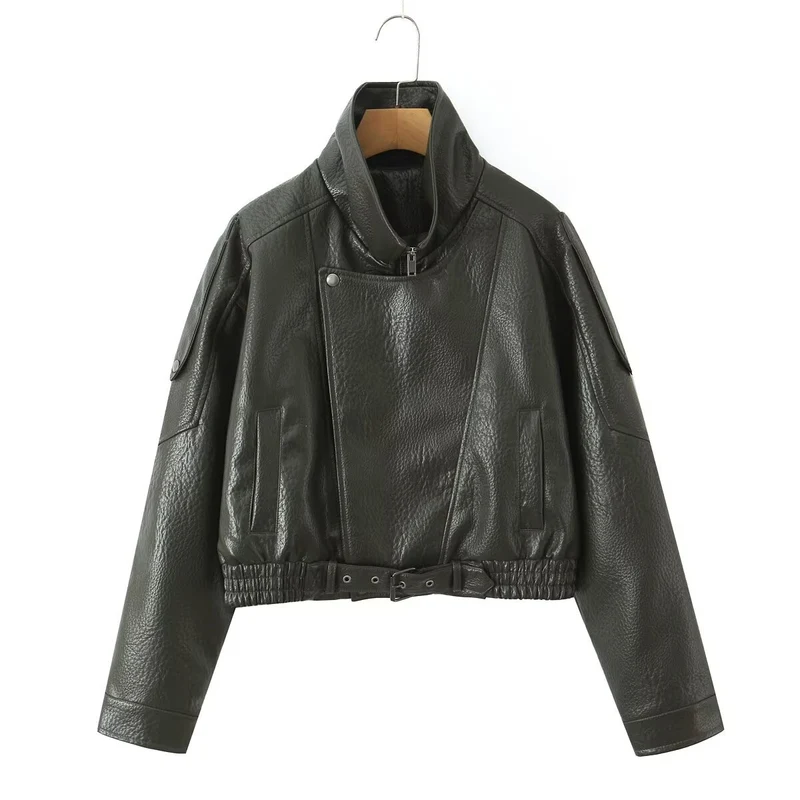 Damen Cropped Bikerblouson aus veganer Lederoptik mit asymmetrischer Frontpatte und Taillenbund Drune