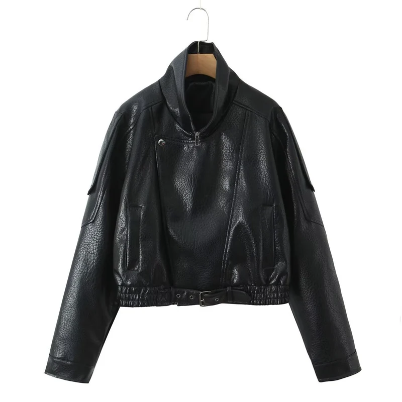 Damen Cropped Bikerblouson aus veganer Lederoptik mit asymmetrischer Frontpatte und Taillenbund Drune