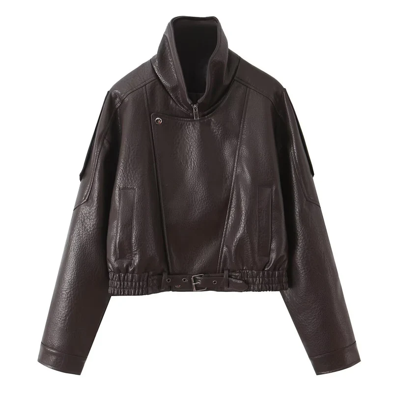Damen Cropped Bikerblouson aus veganer Lederoptik mit asymmetrischer Frontpatte und Taillenbund Drune