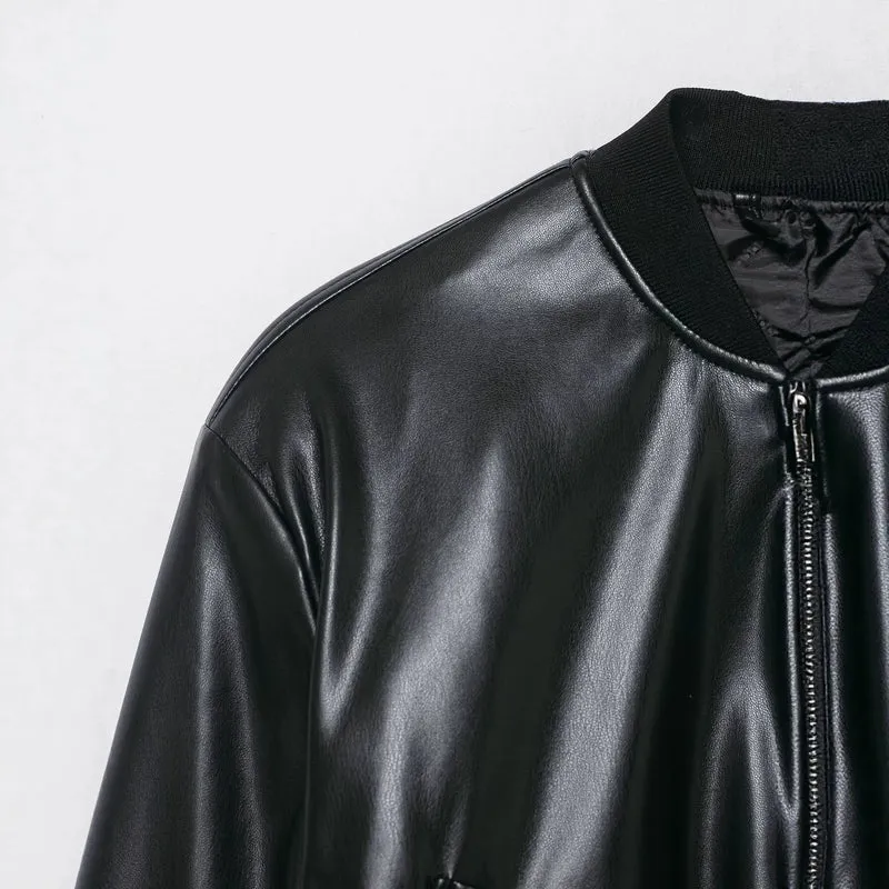 Damen Cropped Biker‑Bomberjacke aus Kunstleder mit Rippbündchen und aufgesetzten Pattentaschen Drune