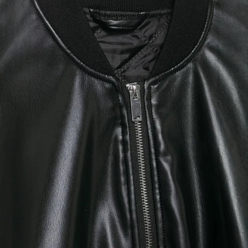 Damen Cropped Biker‑Bomberjacke aus Kunstleder mit Rippbündchen und aufgesetzten Pattentaschen Drune