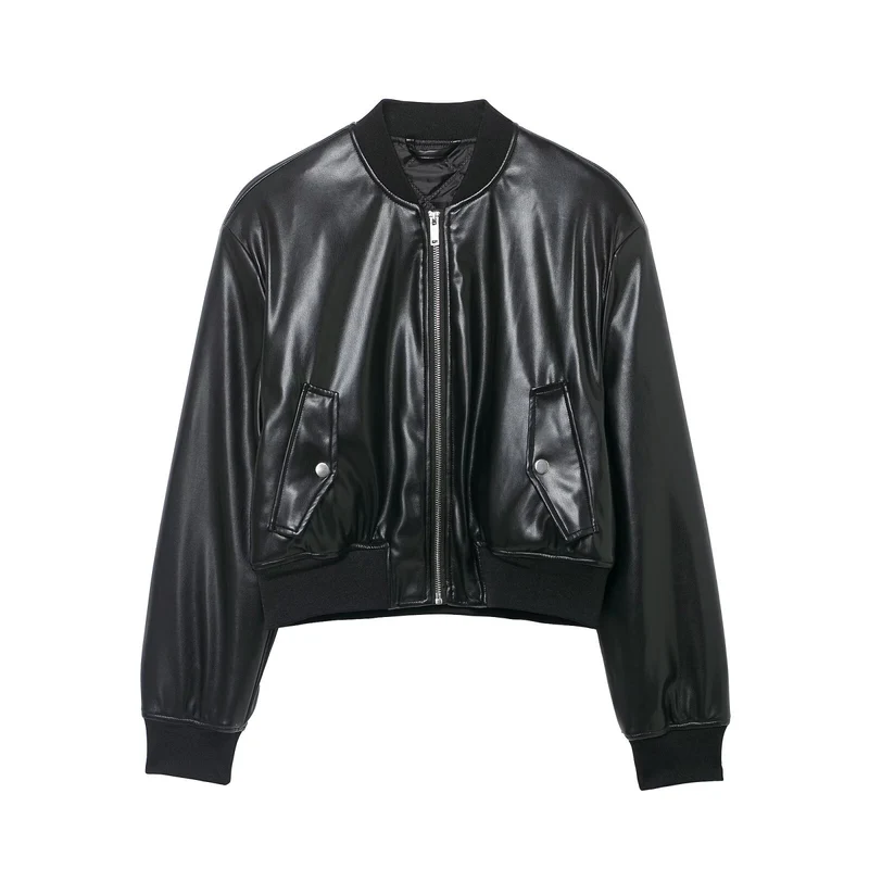 Damen Cropped Biker‑Bomberjacke aus Kunstleder mit Rippbündchen und aufgesetzten Pattentaschen Drune