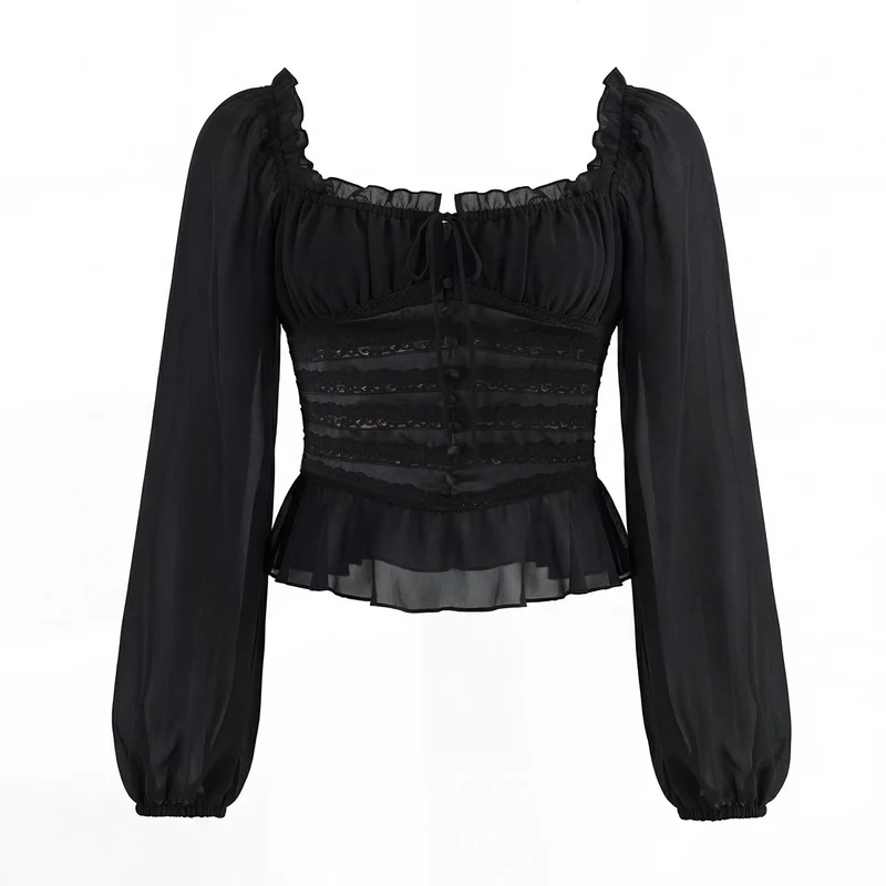 Damen Corsagenbluse mit Spitzen‑Corsage, gerafftem Dekolleté und Volantsaum Drune
