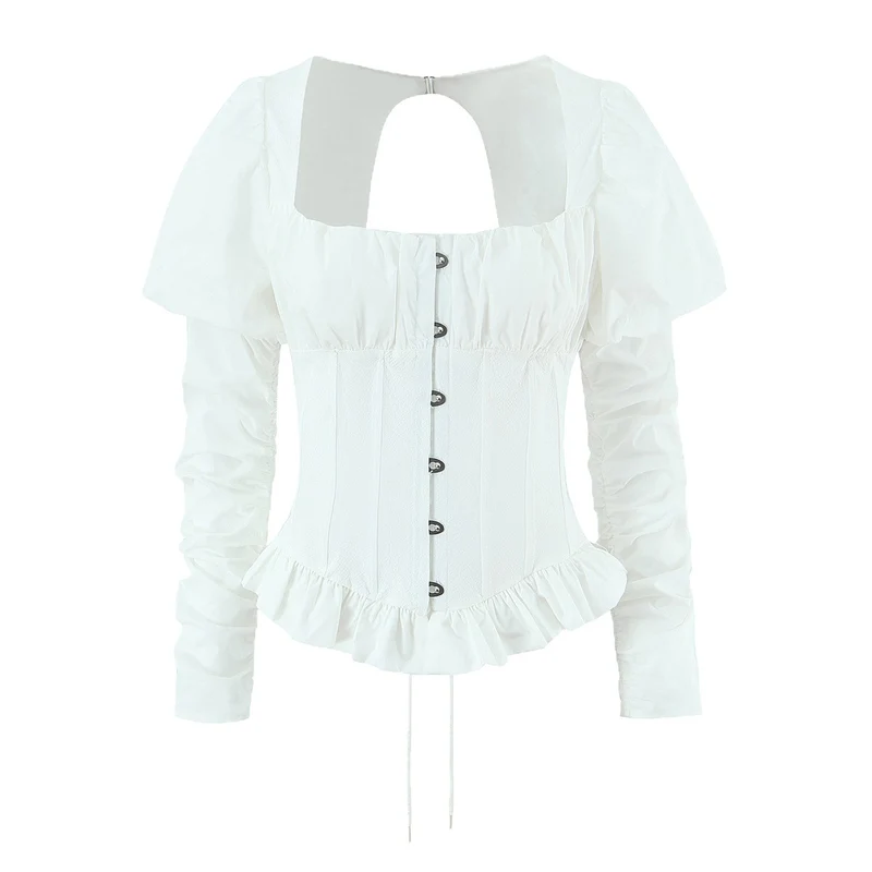 Damen Corsagenbluse mit Puffärmeln, Rüschen-Saum und Schnürdetail Drune