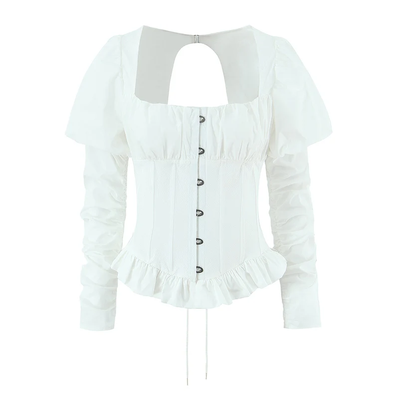Damen Corsagenbluse mit Puffärmeln, Rüschen-Saum und Schnürdetail Drune