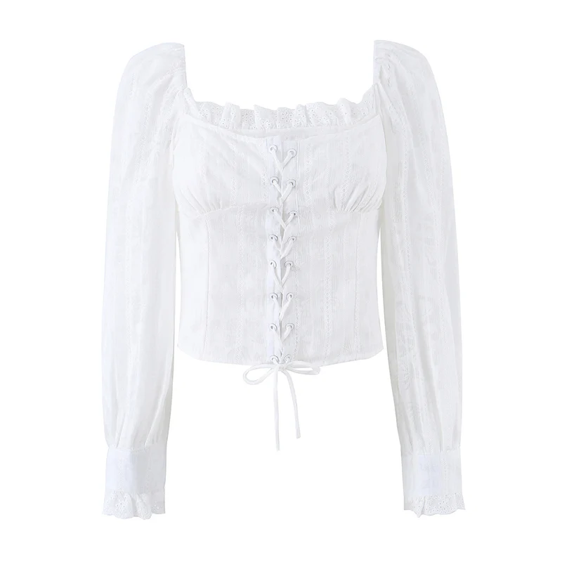 Damen Corsagen-Top im Broderie‑Look mit Schnürung und Puffärmeln Drune