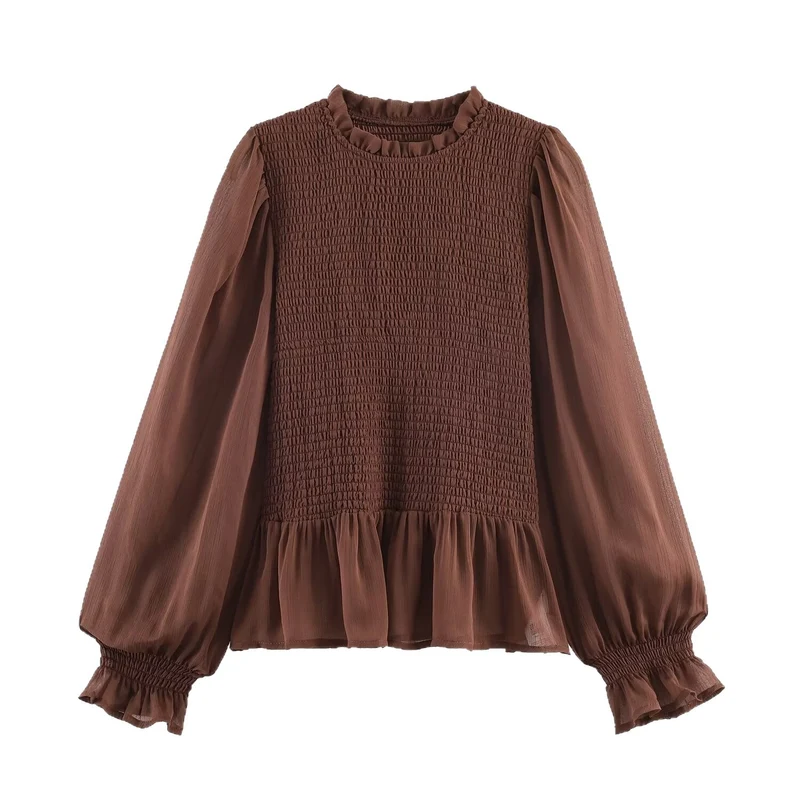 Damen Chiffonbluse mit Smokoberteil, voluminösen Ballonärmeln und Rüschenkragen Drune