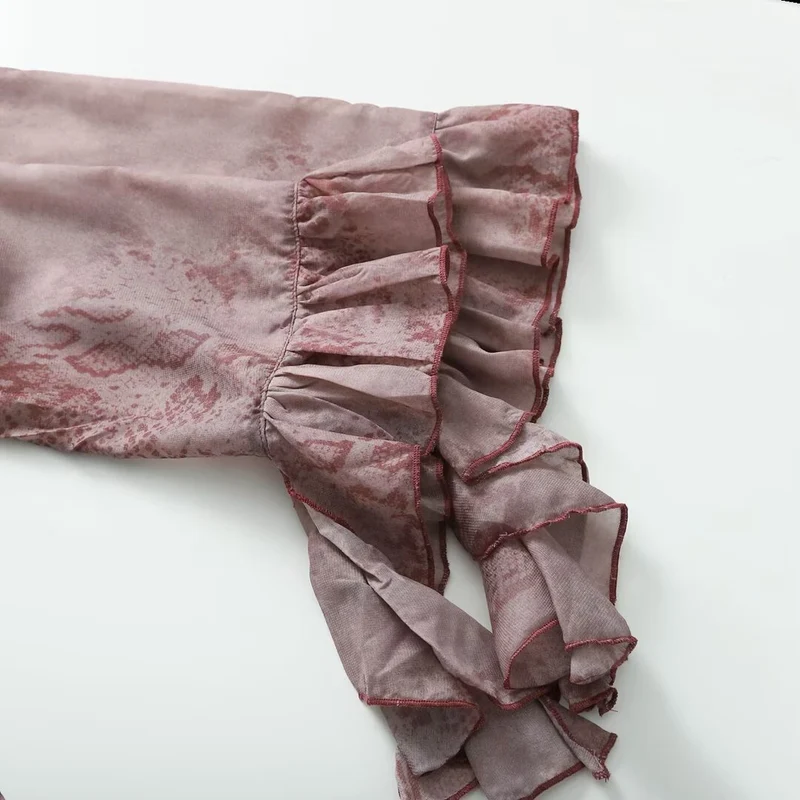 Damen Chiffonbluse mit Rüschenkragen, Volantärmeln und dekorativer Schnürung Drune
