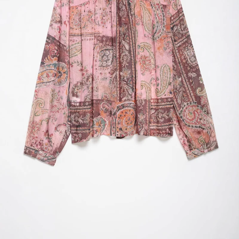 Damen Chiffonbluse im Paisley-Print mit Schleifenkragen und Rüschenfront Drune