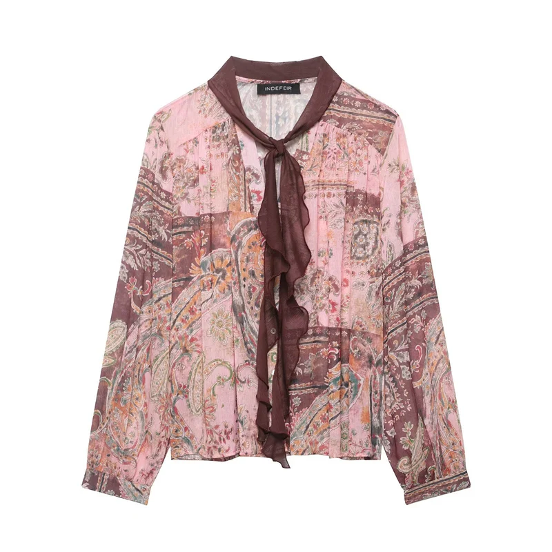 Damen Chiffonbluse im Paisley-Print mit Schleifenkragen und Rüschenfront Drune