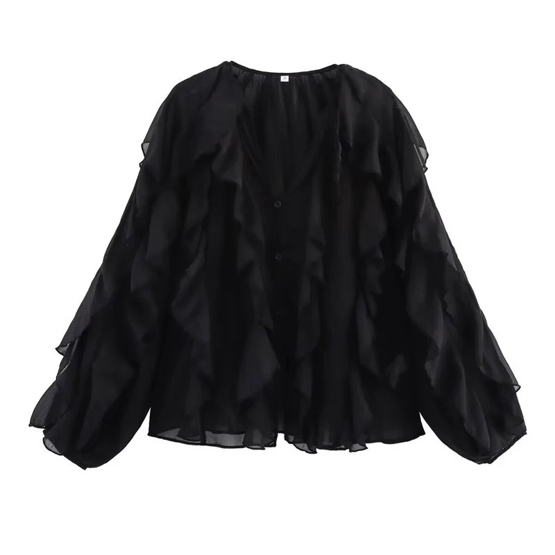 Damen Chiffon-Bluse mit Volants und Ballonärmeln Drune