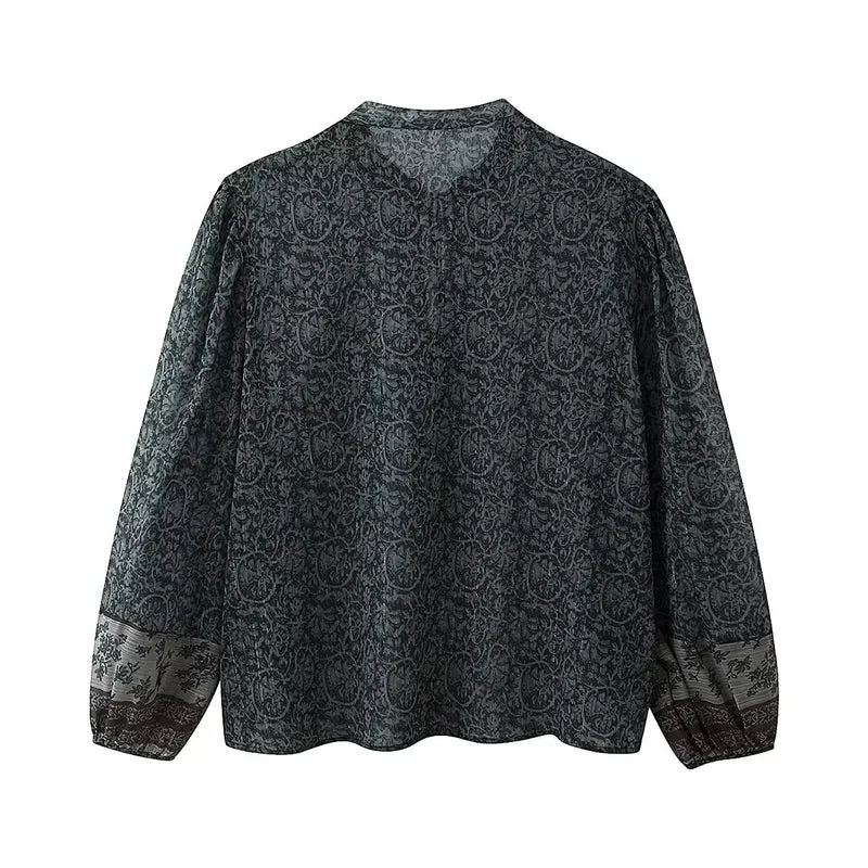 Damen Chiffon-Bluse mit Paisley‑Print, Quastenbändern und Ballonärmeln Drune