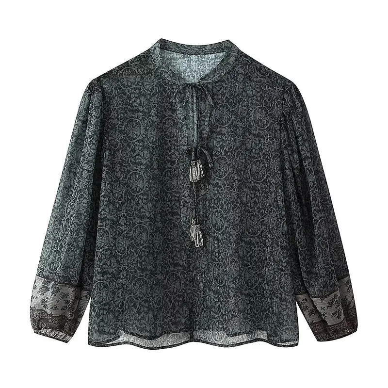 Damen Chiffon-Bluse mit Paisley‑Print, Quastenbändern und Ballonärmeln Drune