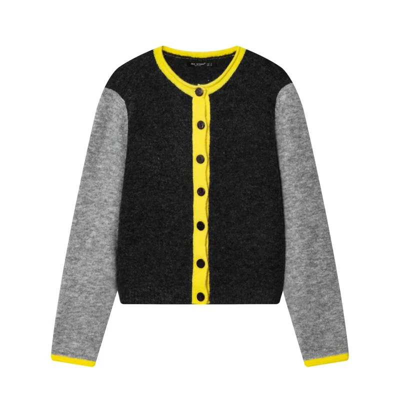 Damen Cardigan mit kontrastfarbener Knopfleiste und zweifarbigen Ärmeln Drune